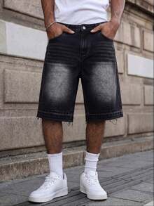 Mud Yellow Washed Straight-Leg Cropped Jeans, With Frayed Hem Design, Featuring Distressed And Faded Effect, Vintage Casual Shorts - Black - View 3