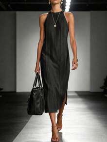 Elegaris Summer Solid Color Elegant Vintage Halter Neck Sleeveless Elegant Casual Lace Patchwork Design Dress - Black - View 7