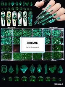 KIRAME 21格 DIY 美甲 K9 玻璃綠色平底水鑽套組－每格 30 顆高光澤水鑽，含 1 支水鑽筆，美甲飾鑽，適用於美甲沙龍、居家美甲、美甲用品，適合聖誕、夏季與旅行美甲，節日禮物 - 綠色 - 查看 3