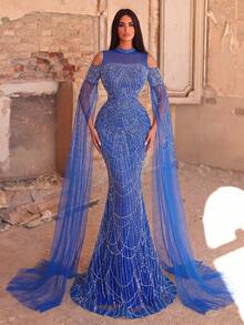 Faeriesty High-End Luxury Rhinestone Sequin Evening Gown With Extra Long Sleeves And Beaded Embellishments Party Wedding Vacation Fall - Royal Blue - View 5