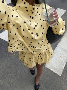 Women's Polka Dot 2 Pieces Set Shirt, Summer Vacation Outfit Yellow Elegant - Yellow - View 7