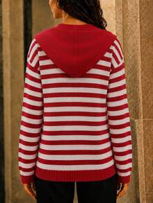 Fashion Women's Knit Long Sleeve Striped Hooded Pullover Sweater - Red - View 2