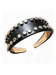 Ladies' Fashionable And High-End Large Rivet Leather Wide Edge High Skull Headband, Suitable For Daily Casual Wear, Versatile Hair Blocking - Black - View 6