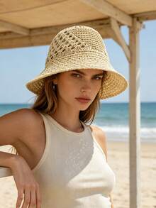 1 pieza Sombrero de cubo de mujer minimalista ligero de unicolor versátil con diseño calado para protección solar al aire libre, sombrero de moda elegante de verano de alta demanda que estiliza el rostro, cómodo y casual, adecuado para salidas, reuniones, compras, viajes, vacaciones y otras ocasiones - Multicolor - Ver 5