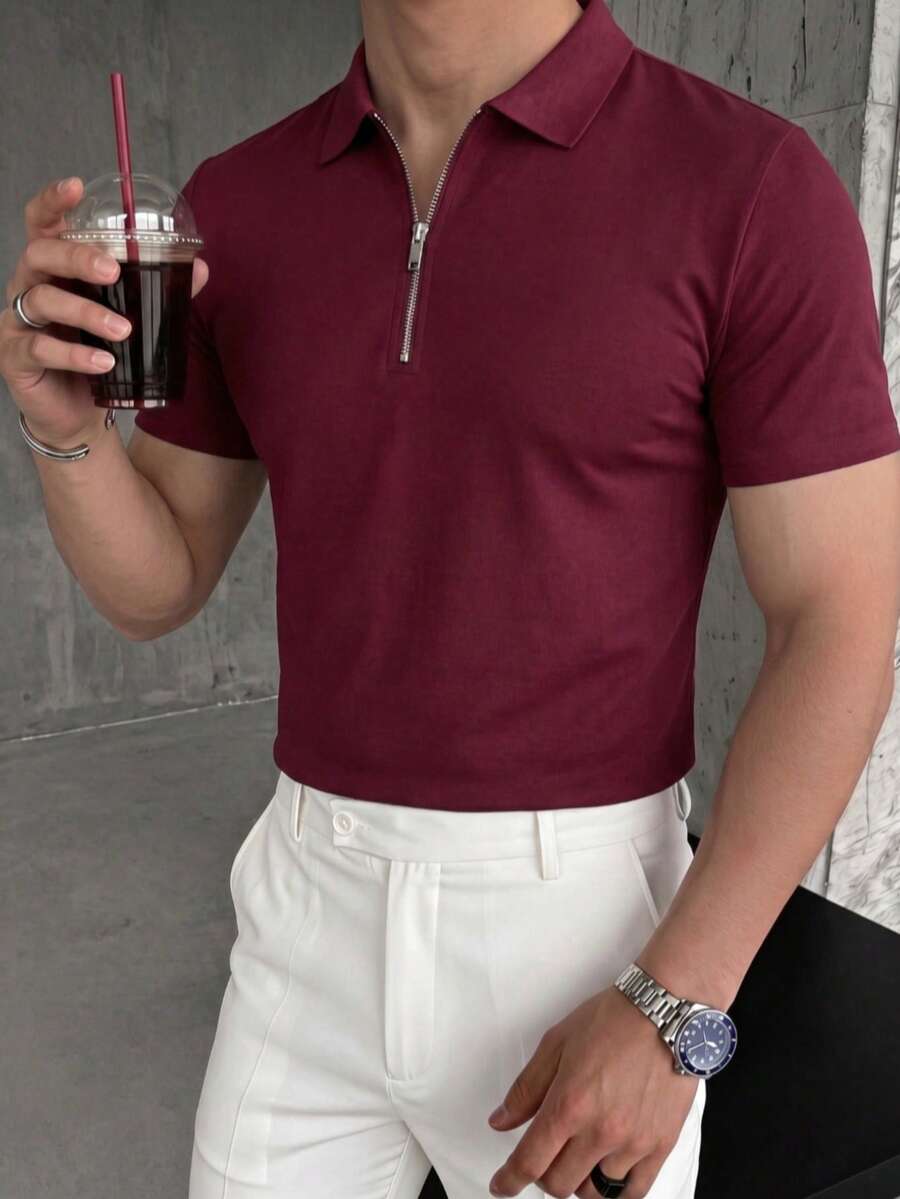 男士輕量夏季半拉鍊 Polo 短袖襯衫，夏季必備時尚穿搭