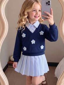 2-teiliges Schuloutfit für Kleine Mädchen, neue Herbstmode, vielseitig, 3D-Blumendekor, 2-in-1 Langarm-Sweatshirt mit Kragen + modischer gestreifter Faltenrock, Vintage-Set, geeignet für Outdoor-Tragen - Königsblau - Übersicht 2