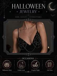 2pcs Rantai Cami Jaring Laba-laba Berongga + Set Kalung Jaring Laba-laba Rumbai, Aksesoris Rantai Tubuh Berlapis Gaya Gothic Punk Halloween untuk Wanita - Jaring laba-laba - View 4