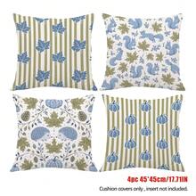 4 piezas Fundas de cojín con estampado de hojas de arce, calabaza, ardilla y erizo en rayas azul-verde de otoño, material de piel de durazno de terciopelo amigable con la piel impreso en un solo lado, fundas de almohada de 45*45CM adecuadas para decoración del hogar, dormitorio, sala de estar, habitación, fiesta, vacaciones, decoración de sofá, regalo, sin relleno de almohada - Multicolor - Ver 10