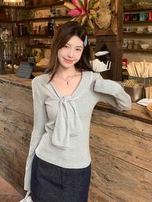 Women's Striped Lace Patchwork Bow Long Sleeve T-Shirt, Slim Fit Base Layer Top, Autumn - Grey - View 1