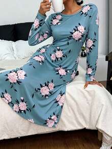 女款簡約舒適長袖長版睡袍，秋冬款 - 霧霾藍 - 查看 1