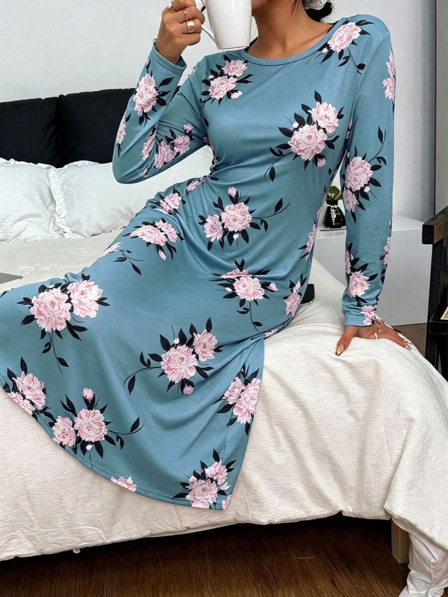 女款簡約舒適長袖長版睡袍,秋冬款 - 霧霾藍 - 查看 1