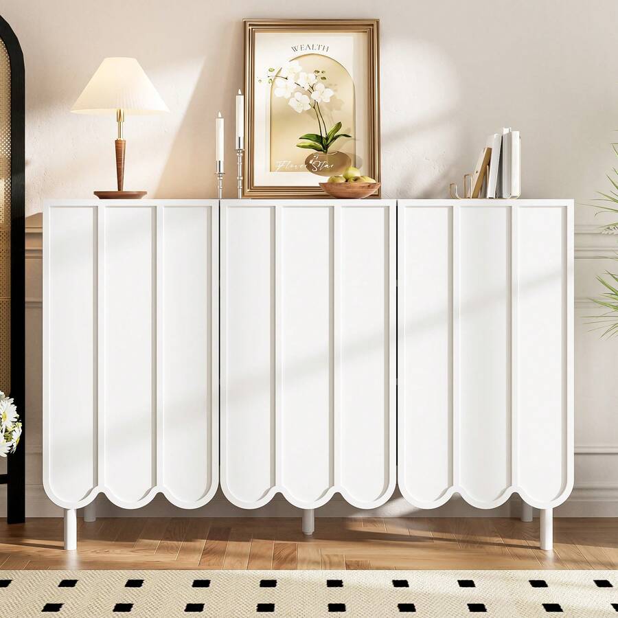 Modern Sideboard Walnut Finish - Adjustable Shelves - 120x35x80 Cm - Storage Space For Living Room, - White - View 1