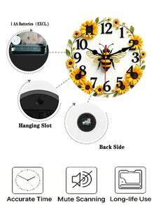 Bee And Sunflower Wall Clock- 10/12IN Round Wooden Clock, Silent Movement, Battery Operated(AA Batteries Not Included), Perfect For Bedroom, Living Room And Office Decoration- Charming Anniversary And Holiday Gift, Bee Decoration - A - View 6