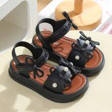 Lugualt Girls' Fashion Sunny Sandals, Korean Style Bowknot Hook & Loop, Lightweight Non-Slip Soft Sole Princess Sandals For Daily Wear And Outings - Black - View 3