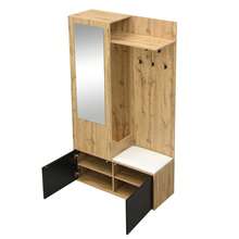 Entryway Wardrobe Set With 5 Hooks, Mirror And Bench - Black & Natural - 黑與自然 - 查看 7