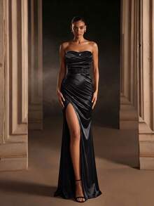 Robes de soirée de luxe pour femmes pour invitées de mariage, robe de soirée longue brillante et élégante avec satin lourd et patchwork de maille dos nu, robe de soirée formelle pour les vacances, invitées de mariage, dîner formel, fête d'anniversaire, anniversaire, réunion de famille, fête de retour à la maison, vêtements d'automne pour femmes - Noir - Voir 4
