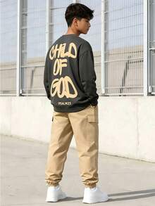 Teenager Spring/Autumn 2-Piece Set, American Street Style Large Letter Print Back Crew Neck Sweatshirt Paired With Khaki Cargo Jogger Pants, Student Daily Street Casual Outfit - Khaki - View 2
