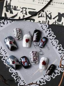 10 Peças Unhas Postiças com Teia de Aranha Escura, Estrela Prateada e Coração Vermelho, Unhas Postiças Feitas à Mão, Kit de Unhas Artificiais Inclui 1 Folha de Abas Adesivas e 1 Lixa Mini - Multicolorido - Visão 1