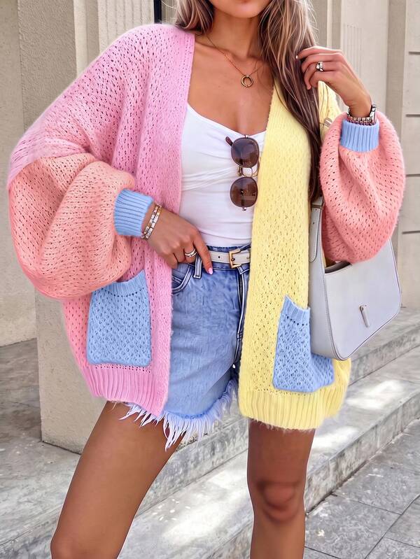 Cardigan en tricot col V arc-en-ciel dopamine pour femmes, pull ample et décontracté pour les vacances