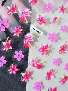 1pc Embossed Thin Flexible Hand-Painted Pink Floral Nail Stickers, Spring Theme, Shiny Glossy Effect, Asymmetrical Shape, Fresh Style, INS, Suitable For Women's Manicure, Foot Care, Holiday Decoration - Multicolor - View 4