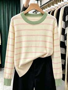 GIGOGOU New Basic Style Autumn/Winter Women's Casual Knit Striped Sweater Long Sleeve Pullover Soft And Comfortable - Apricot - View 6