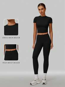 MFVIM Women's Solid Color Round Neck 2-Piece Set Slim Fit Yoga Outfit Short Sleeve Top High-Intensity Tight Versatile Outdoor Running Sports Fitness Wear - Black - View 4