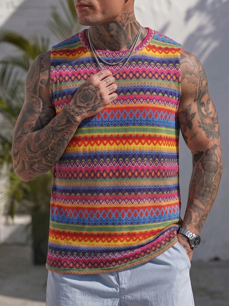 Camiseta sin mangas casual con patrón de rayas y bloques de color para hombre - Rosa - Ver 1