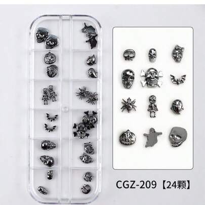 1 hộp trang trí nail art Halloween phong cách tối tăm, phụ kiện móng tay hợp kim hình nhện và đầu lâu, hàng xuyên biên giới