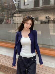 Early Autumn Hot Girl Knit Camisole Cardigan, Spring Women's Early Spring Inner Layer Outerwear, Korean Style Short Length - Blue and White - View 3