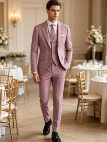 Men's Slim Fit Single-Breasted 3 PiecesSuit Set, Formal Business Wedding Suit, Blazer, Vest And Trousers, Suitable For Wedding Party And Office - Dusty Purple - View 6
