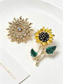Full Rhinestone Radiating Sunflower Brooch + Oil-Drip Stem Sunflower Pair Pins, Warm Gold Vintage Suit Coat Collar Anti-Exposure Accessory - Multicolor - View 7