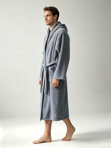 1 pieza Albornoz de hombre con capucha color gris, estampado de piña y cuadros, unicolor, cómodo, transpirable, suave, de felpa, absorbente y de secado rápido, largo para uso en casa, adecuado para hogar/spa/hotel/ocio, para todas las estaciones, decoración de baño - Bata de baño con capucha - Piña - Gris - Ver 10