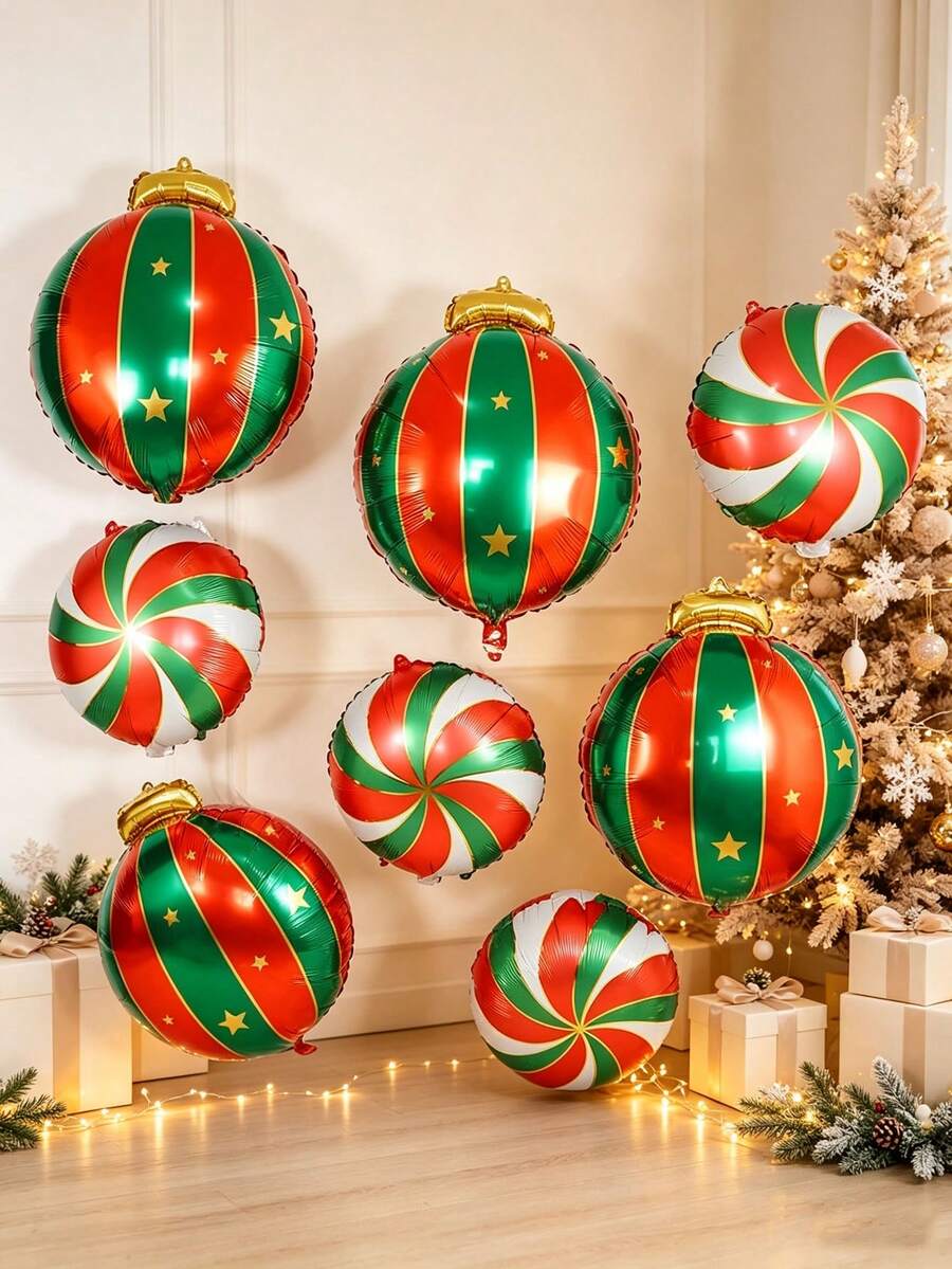 8pcs 27-Inch Christmas Theme Hanging Ball Shaped Foil Balloons, Red Windmill Shaped Balloons Set, Suitable For Christmas Party Decoration - View 1