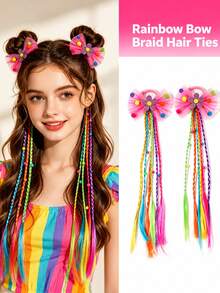 2PCS Mesh Bow Elastic Ties Colorful Ponytail Hair Scrunchies, Sweet Hair Ties, Braided Hair Bands Dreadlocks1 Beads Random Color, Girls Gift Kids - Multicolor - View 1