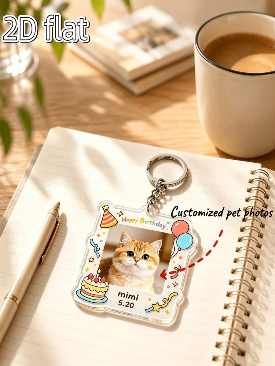 Customized Pet Birthday Photo Keychain, Editable Name And Date Birthday Frame Acrylic Pendant, Cute Commemorative Gift For Cat And Dog Owners - Multicolor - View 1