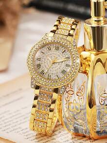 4-Piece Jewelry Set With Luxe Full Rhinestone Quartz Watch, Matching Dainty Earrings And Necklace, Perfect Present For Back-To-School Season - Gold - View 2
