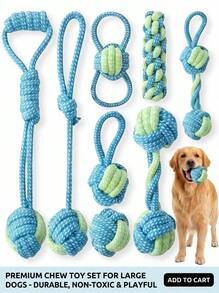PETSIN 7件套耐用狗狗磨牙玩具套装，适合小型至中型犬，结实耐用的拔河玩具，采用双色编织绳，有助于清洁牙齿 - 耐用宠物用品，犬猫皆宜的磨牙玩具，蓝绿绳设计 - 彩色 - 查看 1