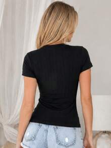 Women's Navy Blue Ribbed Crew-Neck T-Shirt - Fitted Soft-Touch Short-Sleeve Top For Versatile Casual, Smart-Casual & Layered Styling - Black - View 3