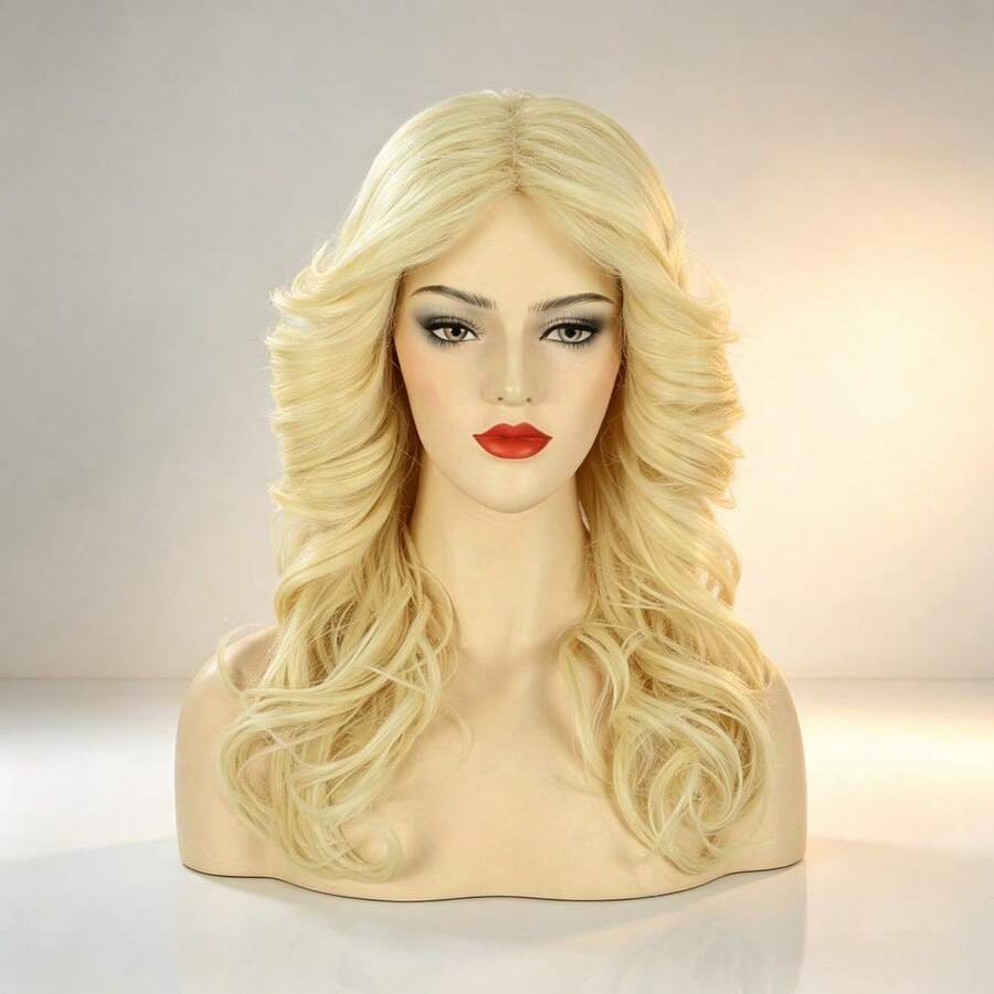 1pcs 70s Light Gold Split Long Wig With Big Waves, Fluffy Outward Long Curly Hair Design, Women's Photo Party Atmosphere, Full Top Hair Set - Gold - View 1