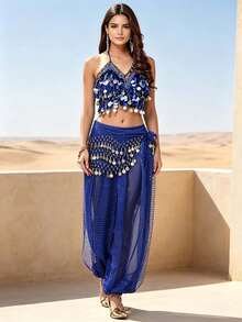 Professional Belly Dance Coin Fringe Halter Crop Top With Waist Scarf, Elastic Waist Dot Mesh Harem Pants For Dance Training, Stage Shows And Competitions - Multicolor - View 3