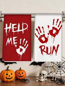 2pcs Halloween Hand Towels HELP ME, RUN, Scary Blood Handprint Design, Kitchen And Restaurant Decor, Outdoor Party Supplies, Suitable For Halloween Kitchen And Bathroom Decoration - Multicolor - View 5