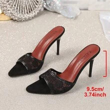 Women's Fashion Lace Pointed Toe High Heel Sandals, Thin Heel, Elegant & Sexy, Suitable For Party, Banquet, Date, Outdoor Activities, Versatile Style - Black - View 3