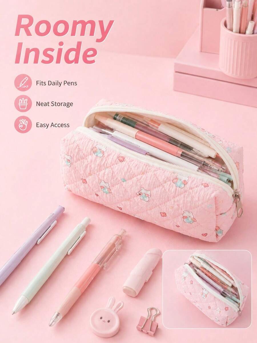 1pc Macaron Color Argyle Pattern Cartoon Rabbit Pencil Case, Sweet Floral Rabbit Stationery Storage Bag, Zipper Portable Soft Fabric Pencil Pouch, Suitable For Teenagers Classroom Daily Storage, Perfect Gift For Students, Multi-Functional Storage Bag, Back To School Essential - Cartoon Animal Pencil Case - View 1