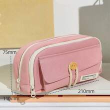 Minimalist Button Flap Pencil Case, Rectangular Multi-Layer Flap Design, Solid Color Minimalist Button Tie Strap With Small Label, Soft Macaron Color Palette In Pink, Green, White, Blue, Dual Zipper Multi-Layer Compartments, Button Tie Anti-Drop Stationery Storage, Pencil Box, Essential Classroom Supplies For Teachers - Multiple Styles - View 12