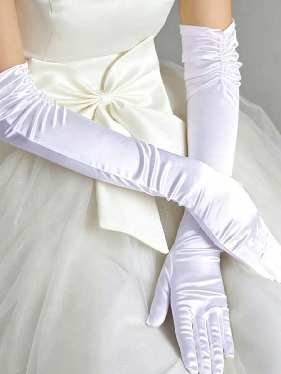 1雙女款超長過肘雙排珠飾緞面新娘婚禮手套