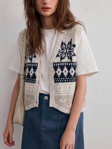 Cardigan Vest Wanita Motif Vintage Musim Gugur Kerah V Campuran Wol - Navy Blue - View 1