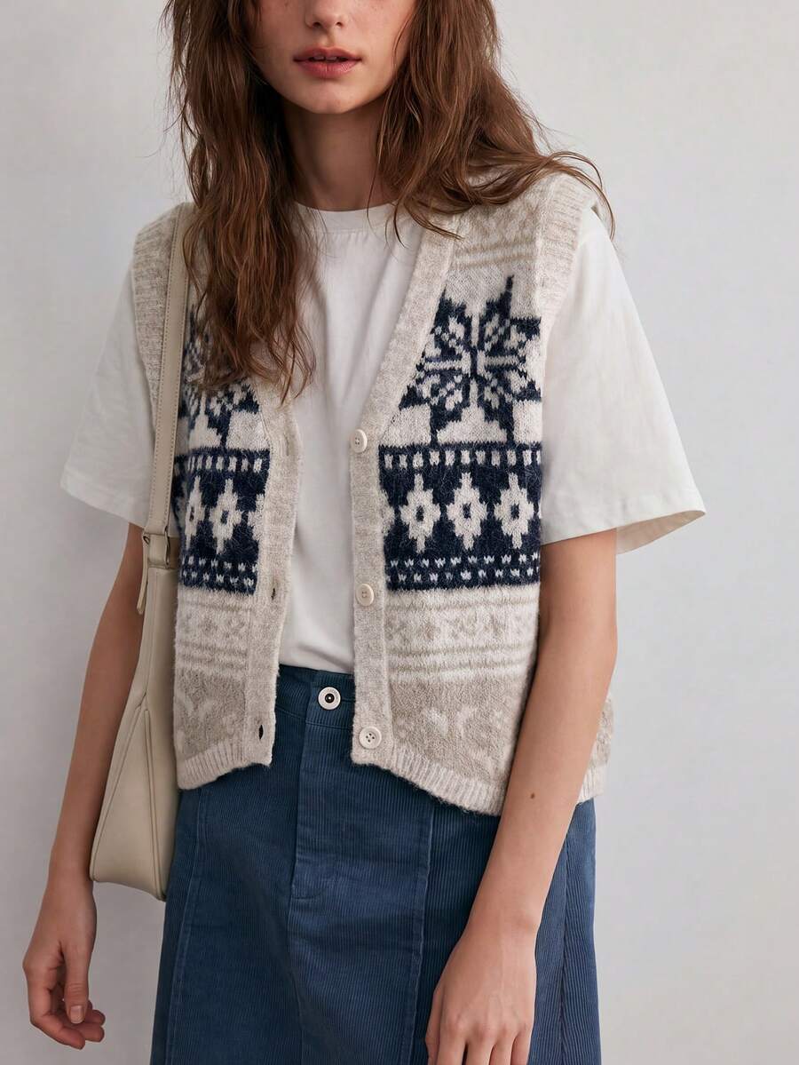 Cardigan Vest Wanita Motif Vintage Musim Gugur Kerah V Campuran Wol - Navy Blue - View 1