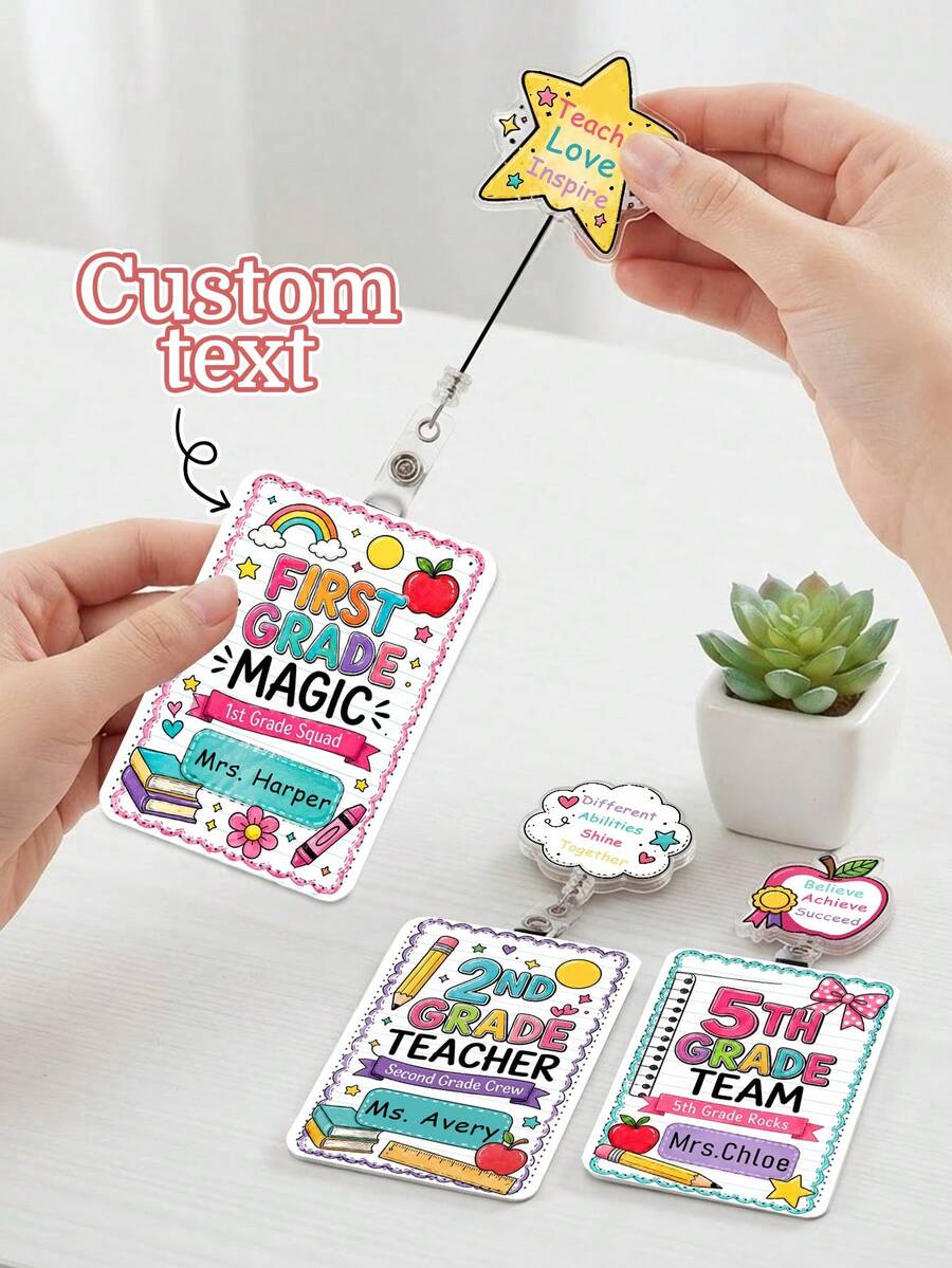 Custom Teacher Name Badge Reel & Card Holder Set,ID Card Sleeve,Grade Level,1st 2nd 5th Grade School ID Gift,Teacher Appreciation Gift,Back To School - Multicolor - View 1
