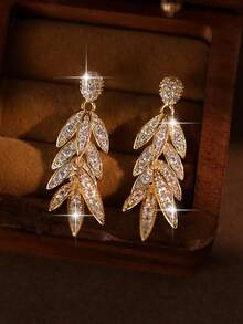 1pair Luxury Marquise Cubic Zirconia Tassel Drop Earrings, Gold Plated Leaf Shiny CZ Dangle Earrings, Bridal Wedding Party Statement Evening Jewelry - Yellow Gold - View 7