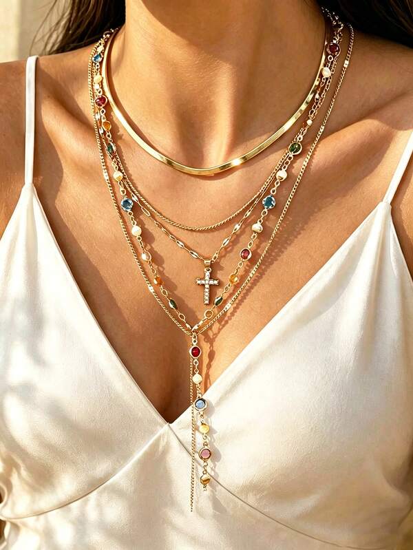 5pcs Vintage Old Money Style Elegant Faux Gemstone Women's Cross Y-Shaped Necklace Set, Suitable For Daily Wear, Vacation, Holiday, Party, Layering